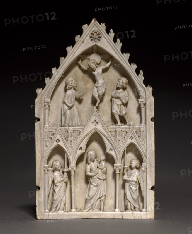 Plaque: The Crucifixion and Virgin and Child with Angels, c. 1250-1270. France, Paris?, Gothic period, 13th century. Ivory; overall: 12.7 x 7.6 x 1.3 cm (5 x 3 x 1/2 in.)