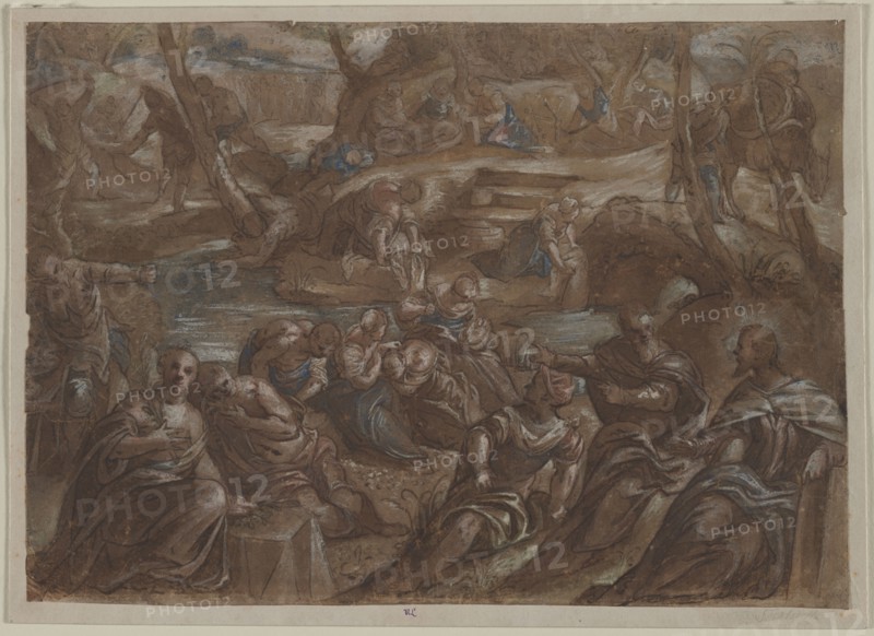 Copy of Tintoretto's Children of Israel Gathering Manna, after 1594. Copy after Jacopo Tintoretto (Italian, 1518-1594). Pen and brown ink and brush and brown wash, with brush and red (chalk?) wash and blue gouache, heightened with white gouache; sheet: 31.6 x 44.2 cm (12 7/16 x 17 3/8 in.); secondary support: 33.5 x 47.1 cm (13 3/16 x 18 9/16 in.).
