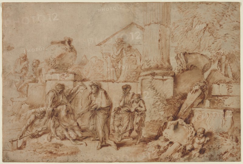 Tobit Burying the Dead, 1640s. Giovanni Benedetto Castiglione (Italian, 1609-1664). Oil and dark red pigment with oil and brown pigment; framing lines in gold paint over oil and dark red pigment; sheet: 27.7 x 41.4 cm (10 7/8 x 16 5/16 in.).