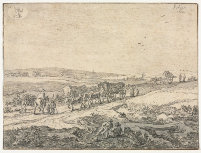August: Landscape with Wagons, c.1655. Pieter Molyn (Dutch, 1595-1661). Black chalk and brush and gray wash over traces of graphite; framing lines in brown ink; sheet: 14.8 x 19.6 cm (5 13/16 x 7 11/16 in.).