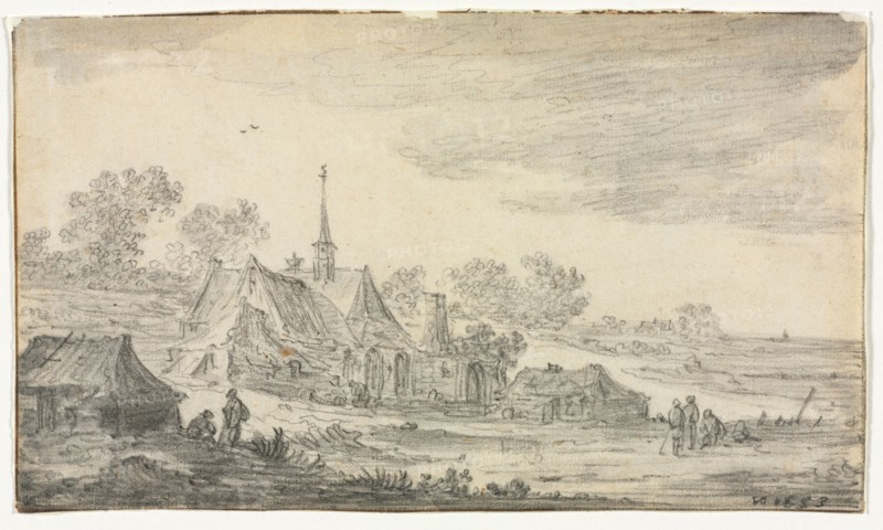 Group of Buildings on a Seashore, 1653. Jan van Goyen (Dutch, 1596-1656). Black chalk and brush and gray wash; framing lines in brown ink; sheet: 11.8 x 20.4 cm (4 5/8 x 8 1/16 in.).