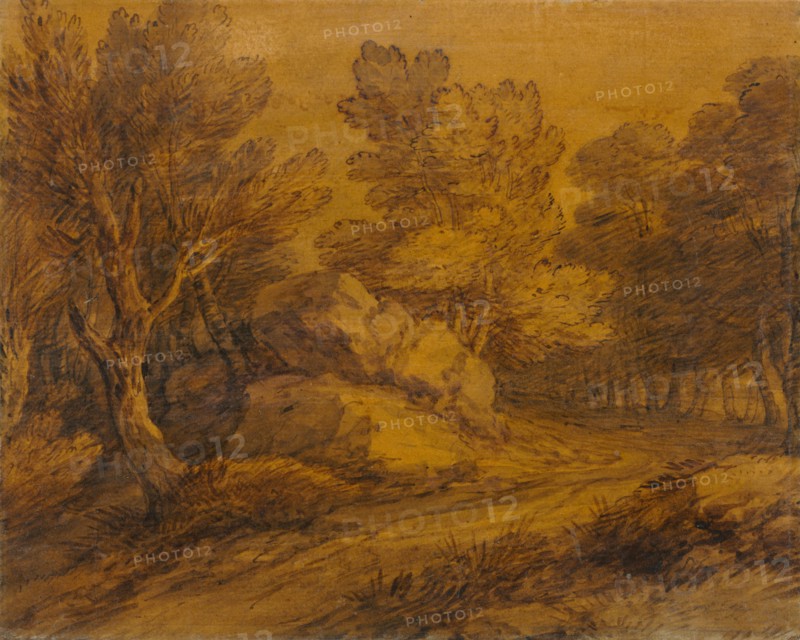 Scene with a Road Winding through a Wood, c. 1770. Thomas Gainsborough (British, 1727-1788). Pen and brown ink and brown and grey washes over graphite, varnished;