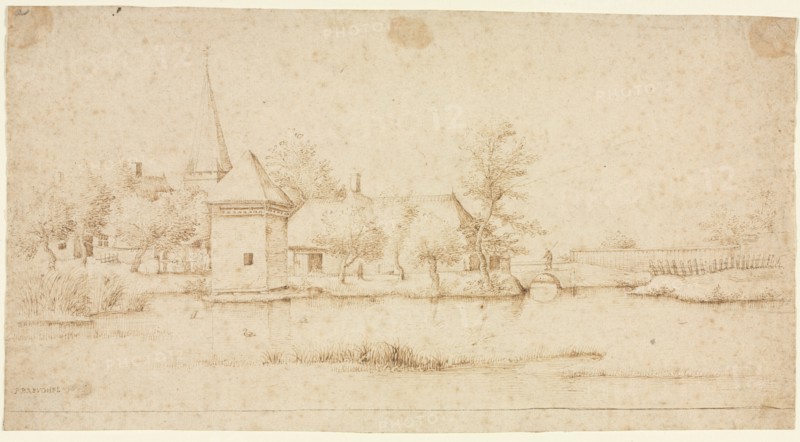 Landscape with a Moated Village, 1559-1561. Master of the Small Landscapes (Flemish). Pen and brown ink; framing lines in brown ink (bottom); sheet: 16.7 x 31.2 cm (6 9/16 x 12 5/16 in.).
