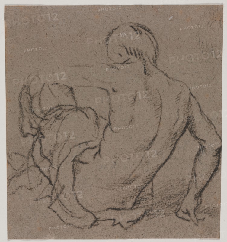 Man Seated on the Ground, Seen from Behind (recto); Sketch (verso), 1500s. Italy, 16th century. Brush and black wash heightened with traces of white gouache; sheet: 15.7 x 14.8 cm (6 3/16 x 5 13/16 in.).
