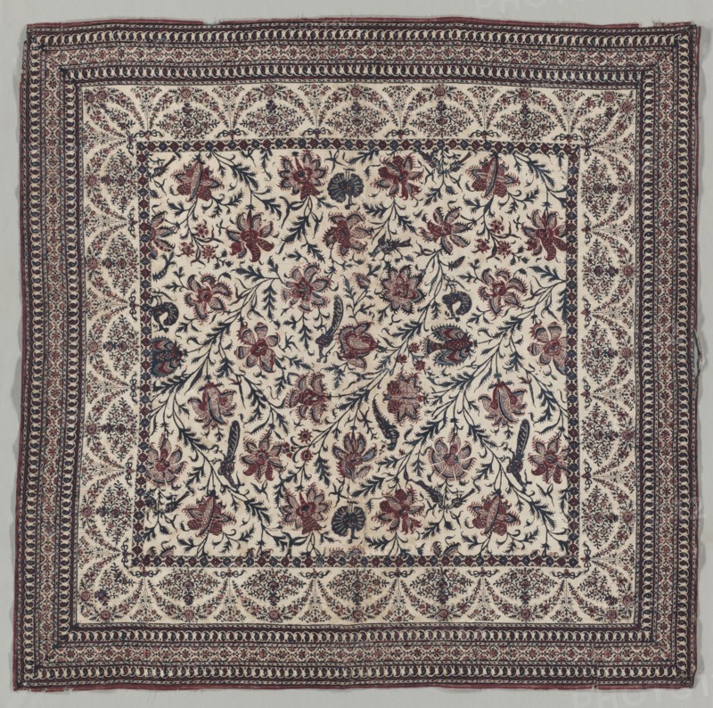 Textile, 1800s. India or Iran (Persia), 19th century. Plain weave cotton, printed and painted; overall: 112.4 x 114.9 cm (44 1/4 x 45 1/4 in.)