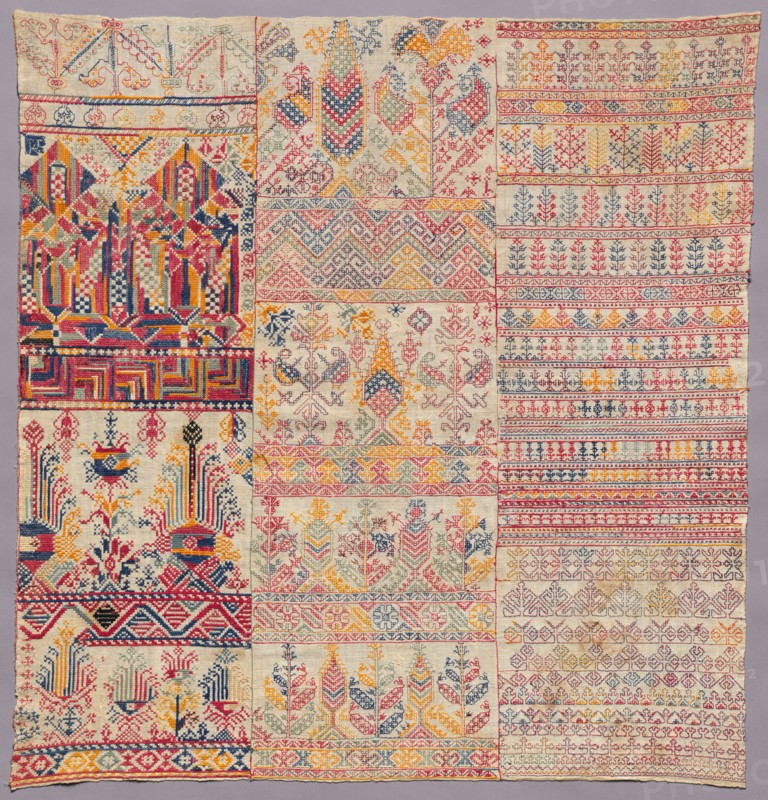 Embroidery sampler, 1800s. Morocco, Salé. Plain weave: cotton; embroidery, reversible cross-stitch: silk; average: 81.9 x 79.4 cm (32 1/4 x 31 1/4 in.).