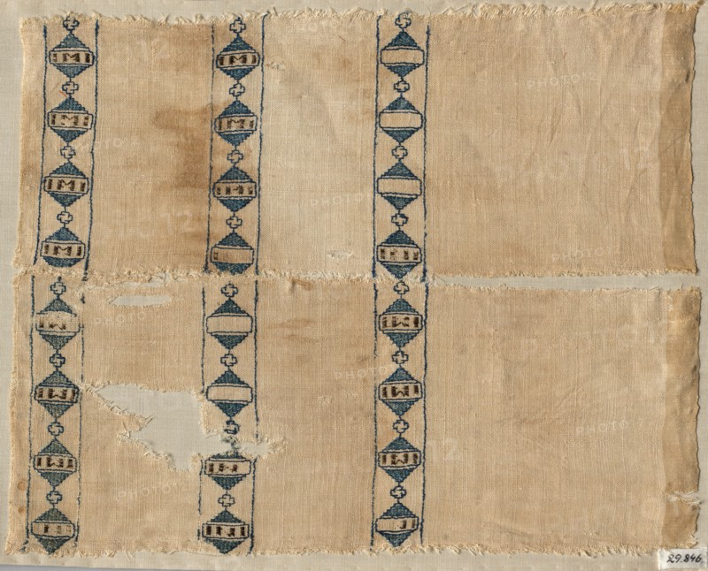 Two fragments of a scarf or headdress, 1300s. Egypt, Mamluk period, 1300s. Silk embroidery on linen tabby ground; overall: 10.5 x 27.4 cm (4 1/8 x 10 13/16 in.).