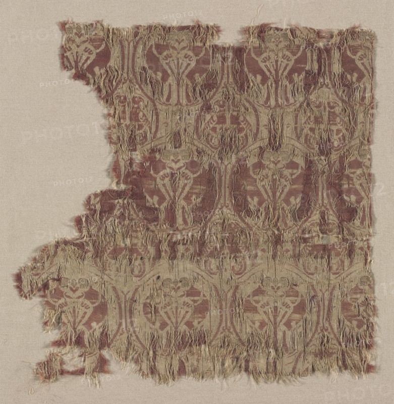 Silk Fragment, second half of 12th century. Spain, Islamic period, second half of 12th century. Lampas weave, brocaded; silk and gold thread; average: 21.6 x 22.3 cm (8 1/2 x 8 3/4 in.)