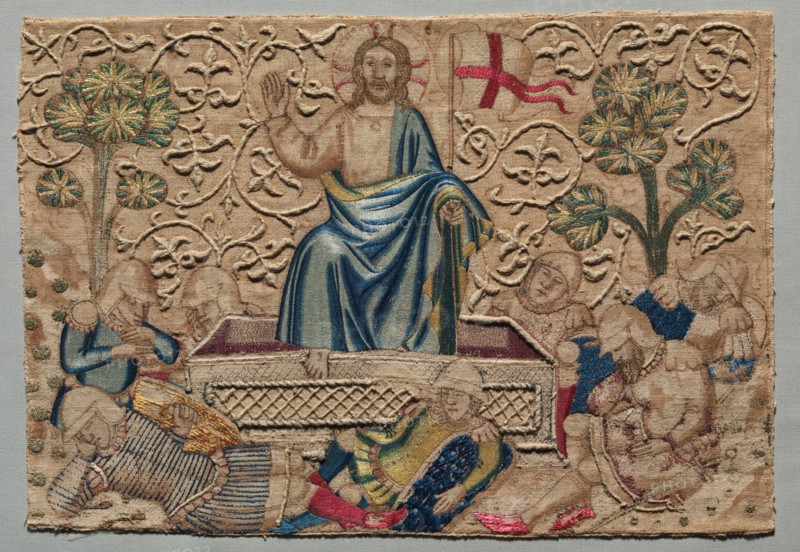 The Resurrection, from an Embroidered Altar Frontal: , 1375-1400. Italy, Florence, 14th century. Silk, gold and cotton thread, linen; raised work, embroidery: split, stem, and couching stitches; overall: 28.9 x 41.9 cm (11 3/8 x 16 1/2 in.).
