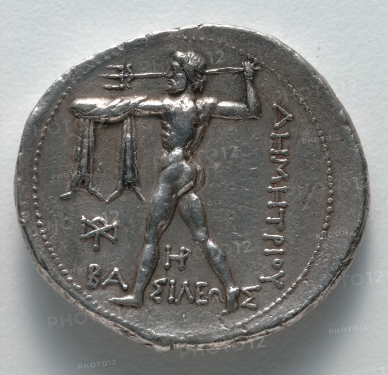 Tetradrachm: Poseidon hurling a trident (reverse), c. 300-295 BC. Greece, reign of Demetrius Poliorcetes ("The Beseiger"), late 4th century BC. Silver; diameter: 3.1 cm (1 1/4 in.).