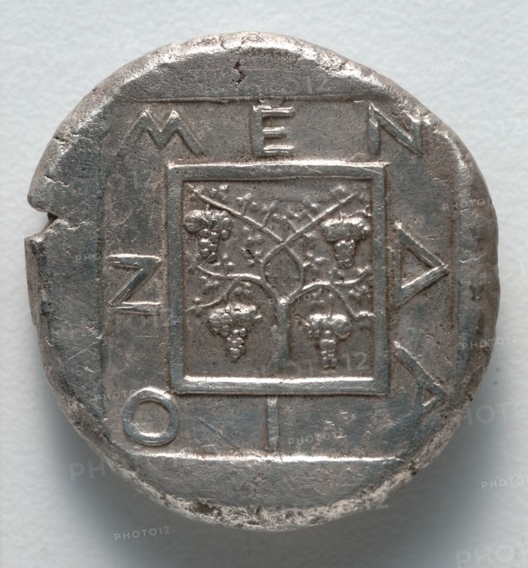 Tetradrachm: Square, Vine, Inscription (reverse), 430 BC. Greece, Eritrea, 5th century BC. Silver; diameter: 2.5 cm (1 in.).