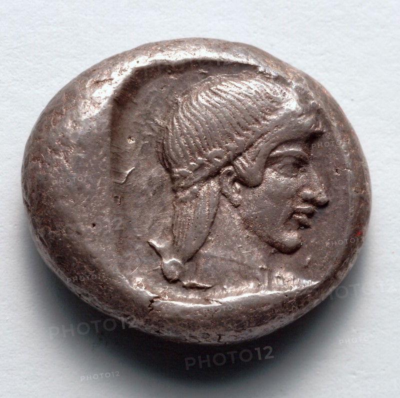 Drachm: Head of Onidian Aphrodite (reverse), 500-480 BC. Greece, Onidus, early 5th century BC. Silver; overall: 1.7 cm (11/16 in.).