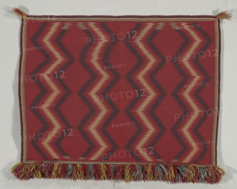 Germantown Eyedazzler Saddle Throw, c.1875. America, Native North American, Southwest, Navajo, Post-Contact, Late Classic Period. Tapestry weave: cotton and wool (handspun and bayeta); overall: 68.6 x 86.4 cm (27 x 34 in.)