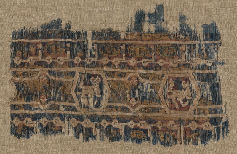 Fragment of a Tiraz-Style Textile, 1081 - 1094. Egypt, Fatimid period, Caliphate of al-Mustansir, c. AH 475-487, 11th Century. Tabby ground with inwoven tapestry ornament; linen and silk; overall: 17.8 x 28.6 cm (7 x 11 1/4 in.)