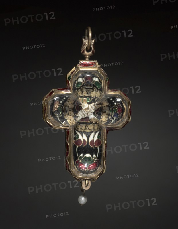 Cross-Shaped Clock, c. 1580-1600. P. Herbier (French). Enameled gold, rock crystal, and a pearl; overall: 5.8 x 3.3 x 1.3 cm (2 5/16 x 1 5/16 x 1/2 in.).