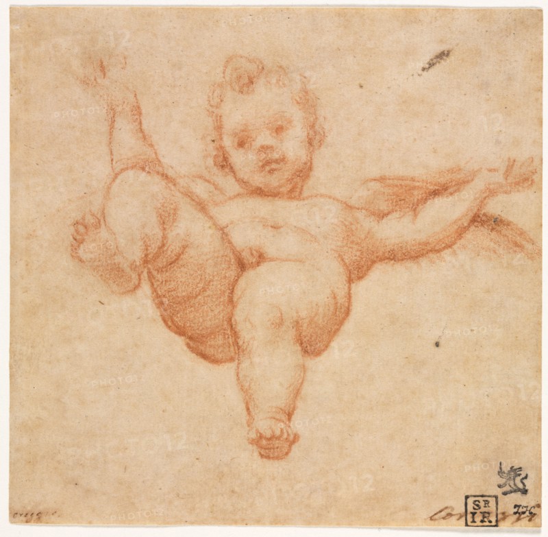 Flying Cupid, c. 1602. Follower of Annibale Carracci (Italian, c. 1560-1609). Red chalk; sheet: 14 x 14.5 cm (5 1/2 x 5 11/16 in.).