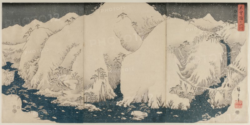 Mountain and River on the Kiso Road, 1857. Utagawa Hiroshige (Japanese, 1797-1858). Triptych of color woodblock prints; overall: 36 x 25.2 cm (14 3/16 x 9 15/16 in.).