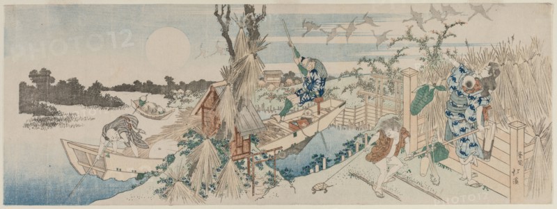 Landscape with Ferry Boat, Geese and Full Moon, early 1830s. Totoya Hokkei (Japanese, 1780-1850). Color woodblock print; overall: 19.5 x 53.7 cm (7 11/16 x 21 1/8 in.).