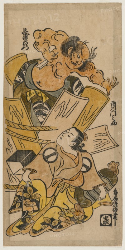 Ichikawa Monnosuke as a Courtesan and Nakajima Mioemon Bursting Out of a Barrel, c. early 1720s. Torii Kiyomasu (Japanese). Color woodblock print; sheet: 32.8 x 16 cm (12 15/16 x 6 5/16 in.).