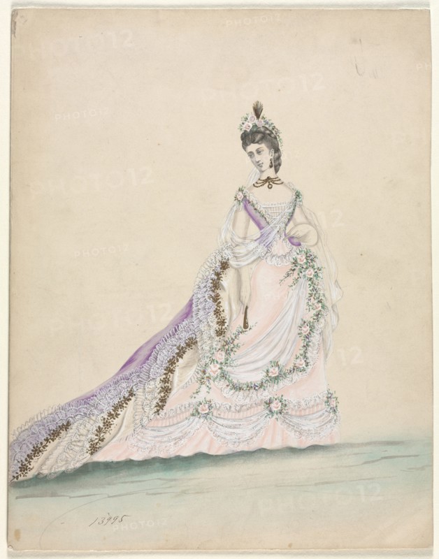 Fashion Study (designed for Worth), 1870. France, 19th century. Brush gray ink and watercolor heightened with white paint; sheet: 28.8 x 22.5 cm (11 5/16 x 8 7/8 in.).