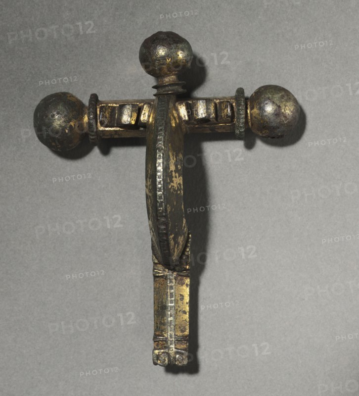 Crossbow Fibula, c. 350-400. Gallo-Roman or Romano-British, Migration period, 4th century. Bronze, gilt-bronze, silver, and niello; overall: 8.6 x 7 cm (3 3/8 x 2 3/4 in.)