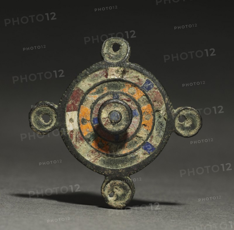 Ornamental Brooch, c. 100-300. Gallo-Roman or Romano-British, Migration period, 2nd-3rd century. Bronze and champlevé enamel; overall: 5.3 x 5.3 x 1.6 cm (2 1/16 x 2 1/16 x 5/8 in.).