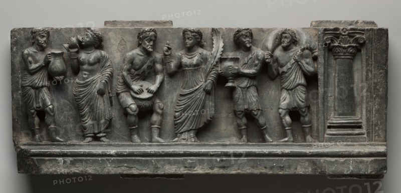 Bacchanalian Relief, 1-100. Pakistan, Gandhara, Buner area, early Kushan Period (AD 1-320). Schist; overall: 16.5 x 53 cm (6 1/2 x 20 7/8 in.).