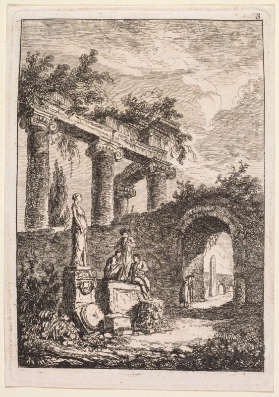 Evenings in Rome:  The Statue in Front of Ruins, 1763-1764. Hubert Robert (French, 1733-1808). Etching; platemark: 13.5 x 9.4 cm (5 5/16 x 3 11/16 in.); border: 12.7 x 9 cm (5 x 3 9/16 in.)