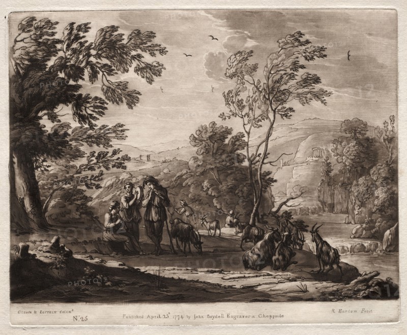 Liber Veritatis:  No. 25, A Mountainous and Wooded Landscape with Shepherds Playing and Goats Browsing, 1774. Richard Earlom (British, 1743-1822). Etching and mezzotint