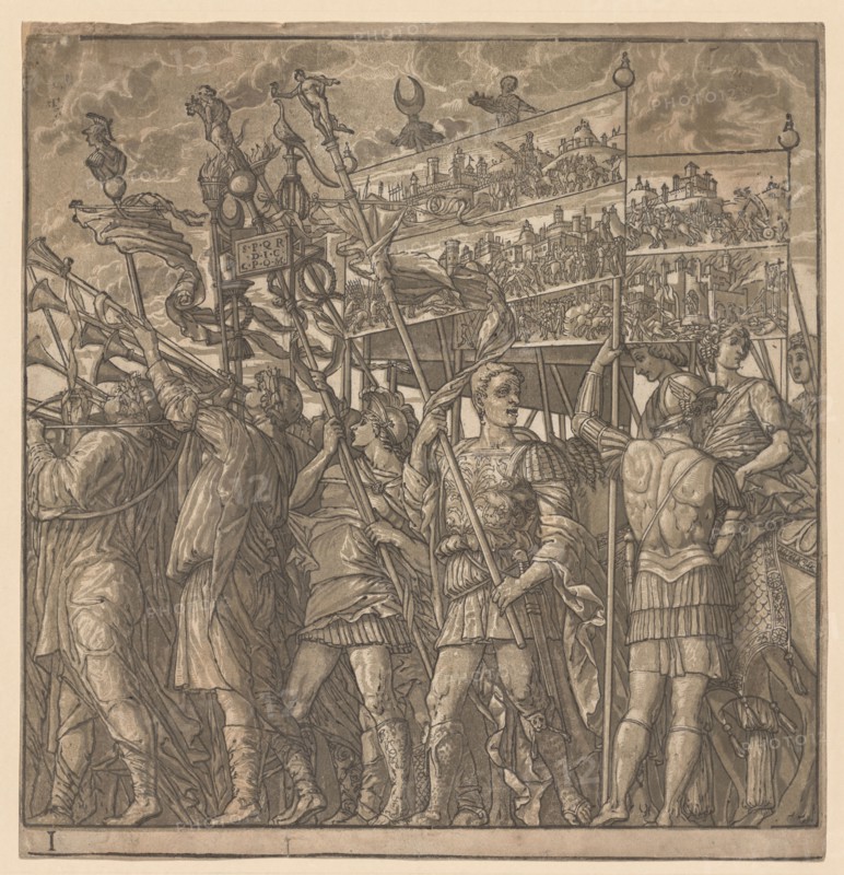 The Triumph of Julius Caesar:  Soldiers Carrying the Pictures of War, 1593-99. Andrea Andreani (Italian, about 1558–1610), after Andrea Mantegna (Italian, 1431-1506). Chiaroscuro woodcut