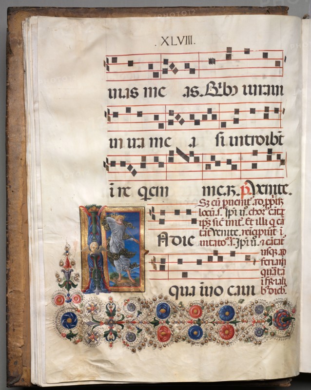 Antiphonary: Initial, angel, c. 1470-1480. Follower of Girolamo da Cremona (Italian). Ink, tempera, and gold on parchment; codex: 55.9 x 43.2 x 10.2 cm (22 x 17 x 4 in.)