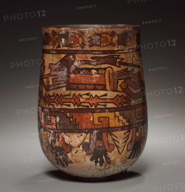 Vase with Trophy-heads and Warriors, c. 450-600. Peru, South Coast, Nasca, 5th-7th Century. Earthenware with colored slips; overall: 19.4 x 14 cm (7 5/8 x 5 1/2 in.).