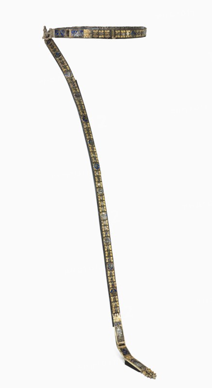 Belt for a Lady's Dress, c. 1375-1400. Italy, Siena?, 14th century. Basse-taille enamel and gilding on silver, silver thread, gilt-silver buckle, cast and chased; overall: 236.5 x 2.9 x 0.6 cm (93 1/8 x 1 1/8 x 1/4 in.).