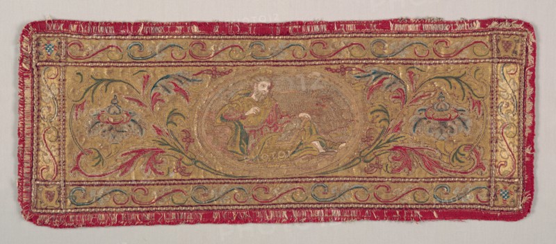 Apparel from a Dalmatic, 1500-1550. Italy, first half of the 16th century. Plain-weave linen with silk and metal thread embroidery; or nué technique; overall: 24.6 x 60.6 cm (9 11/16 x 23 7/8 in.)