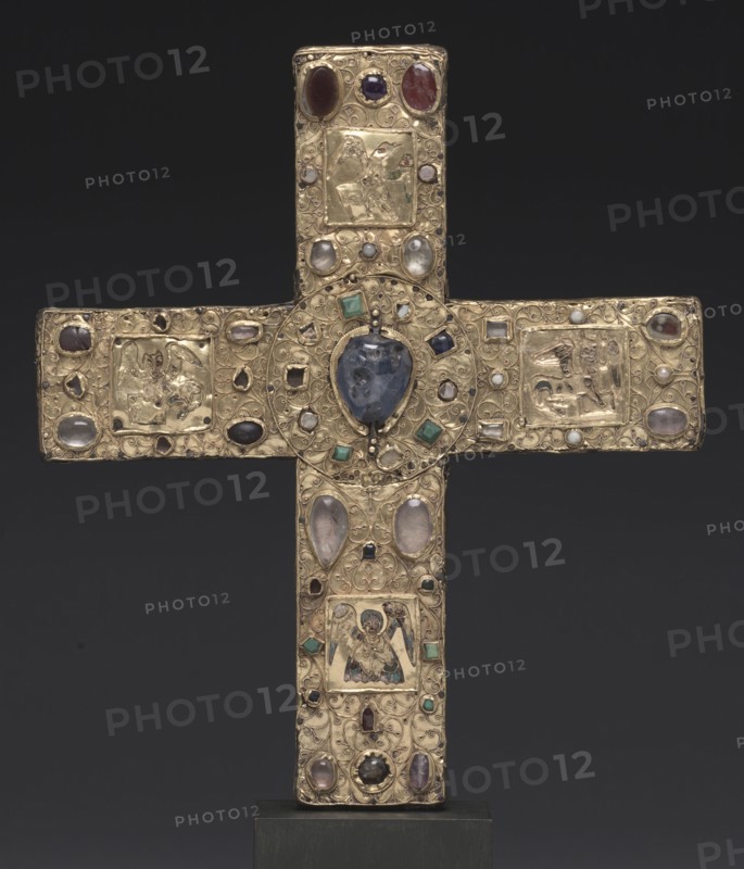 Ceremonial Cross of Countess Gertrude, 1038 or shortly after. Germany, Lower Saxony?, 11th century. Gold: worked in repoussé; cloisonné enamel, intaglio gems, pearls, wood core; overall: 24.2 x 21.6 cm (9 1/2 x 8 1/2 in.).