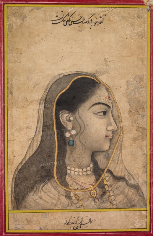 Head of a Beauty, c. 1750. India, Mughal school, 18th century. Ink, color, and gold on paper; image: 24.5 x 16.5 cm (9 5/8 x 6 1/2 in.); overall: 30.5 x 20.5 cm (12 x 8 1/16 in.).