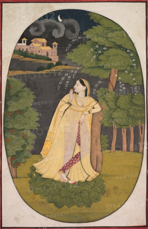 Utka Nayika, c. 1800. India, Pahari Hills, Kangra School, early 19th Century. Ink and color on paper; image: 16 x 10.2 cm (6 5/16 x 4 in.); overall: 23.8 x 14.8 cm (9 3/8 x 5 13/16 in.).