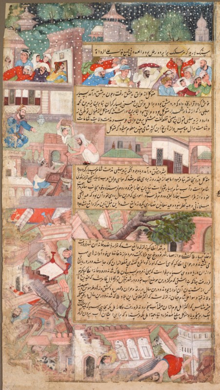 Page of disasters, from the Tarikh-i Alfi (History of the Thousand [Years]), c. 1595. India, Mughal, 16th century, made for Akbar (reigned 1556–1605). Opaque watercolor, gold and ink on paper; overall: 41 x 22.6 cm (16 1/8 x 8 7/8 in.).