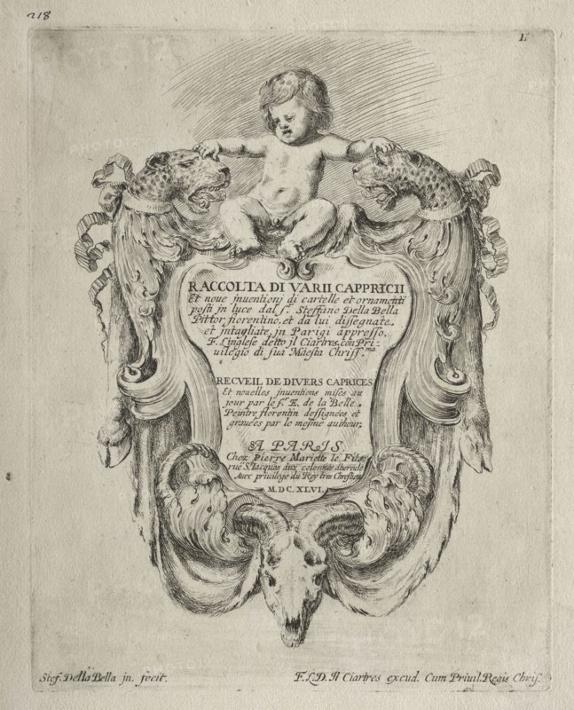 Collection of Various Caprices and New Designs of Cartouches and Ornaments:  No 1, Title Page. Stefano Della Bella (Italian, 1610-1664). Etching