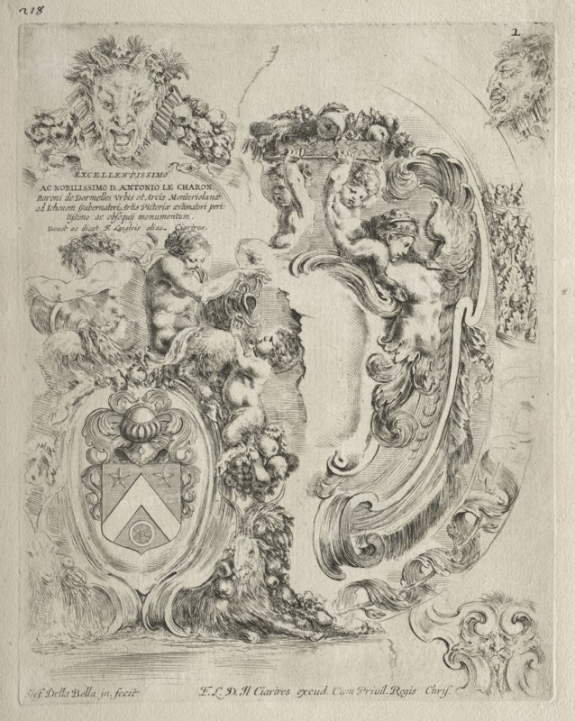 Collection of Various Caprices and New Designs of Cartouches and Ornaments:  No. 2, Dedication Page. Stefano Della Bella (Italian, 1610-1664). Etching