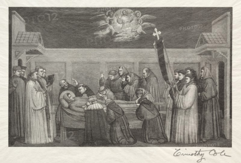Old Italian Masters:  Death of St. Francis, 1888-1892. Timothy Cole (American, 1852-1931). Wood engraving