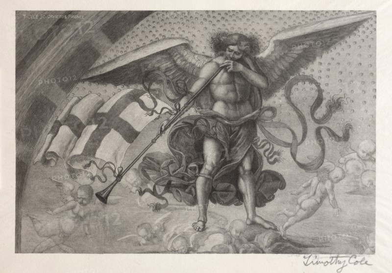 3942: Old Italian Masters:   Angel Sounding a Trumpet, 1888-1892. Timothy Cole (American, 1852-1931). Wood engraving