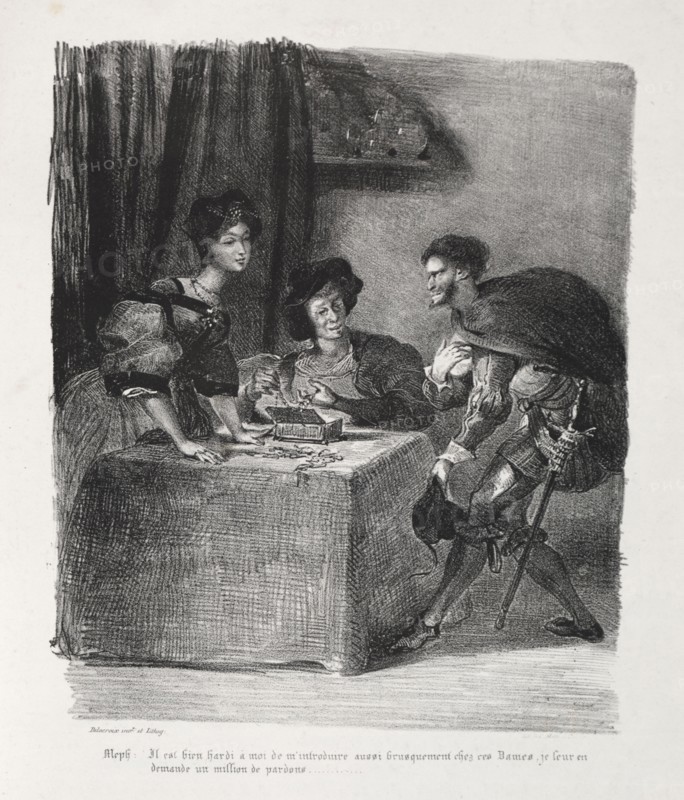 Faust: Tragédie de M. de Goethe, translated into French by Albert Stapfer.: Illustrations for Faust: Méphistophelés is at Marthe, 1828. Eugène Delacroix (French, 1798-1863), Chez Ch. Motte, Éditeur, distributed by Chez Sautelet, Libraire. Lithograph