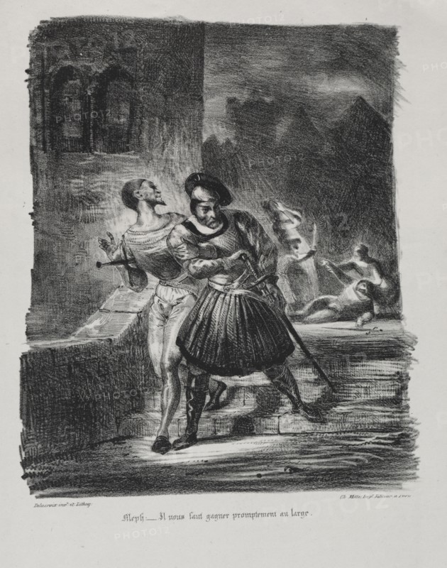 Faust: Tragédie de M. de Goethe, translated into French by Albert Stapfer.: Illustrations for Faust:  Méphistophélés and Faust flee after the duel, 1828. Eugène Delacroix (French, 1798-1863), Chez Ch. Motte, Éditeur, distributed by Chez Sautelet, Libraire. Lithograph