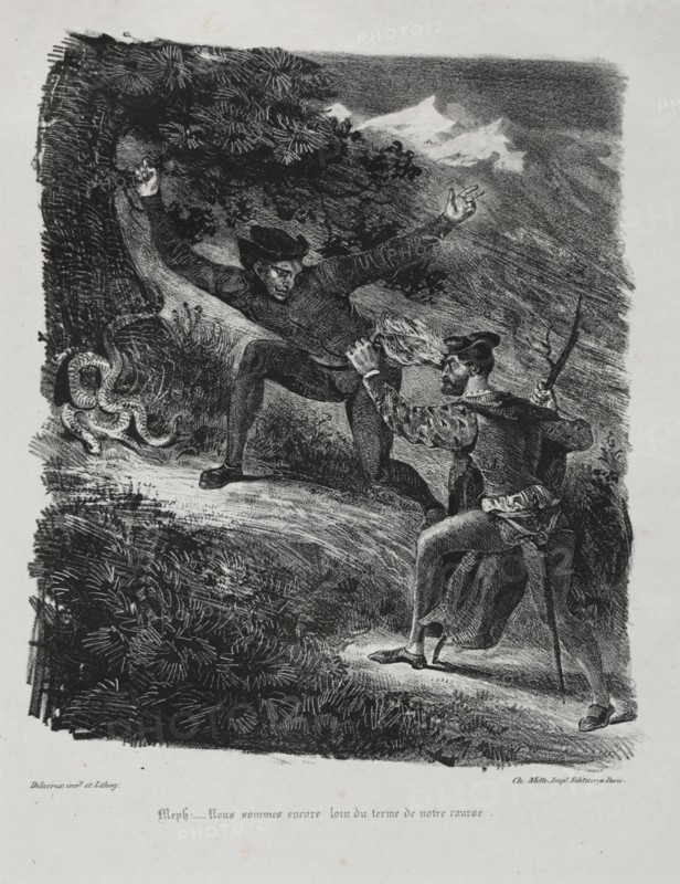 Faust: Tragédie de M. de Goethe, translated into French by Albert Stapfer.: Illustrations for Faust: Faust and Méphistophélés in the mountains of the Hartz, 1828. Eugène Delacroix (French, 1798-1863), Chez Ch. Motte, Éditeur, distributed by Chez Sautelet, Libraire. Lithograph