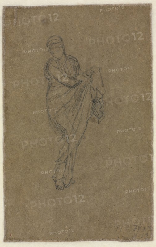 Standing Woman Holding Up Her Dress (verso), c. 1872. James McNeill Whistler (American, 1834-1903). Black chalk or crayon; sheet: 27.9 x 17.6 cm (11 x 6 15/16 in.); secondary support: 38.5 x 28.9 cm (15 3/16 x 11 3/8 in.).