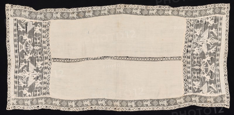 Cloth with Border of Crowned Double-Headed Eagles with Various Emblems, Birds, and Other Animals, 19th century. Italy, 19th century. Needle lace, burato (twined ground and darned in two directions), bobbin lace insert and edging, and crochet insert; bleached linen (est.); overall: 62.4 x 132.3 cm (24 9/16 x 52 1/16 in.)
