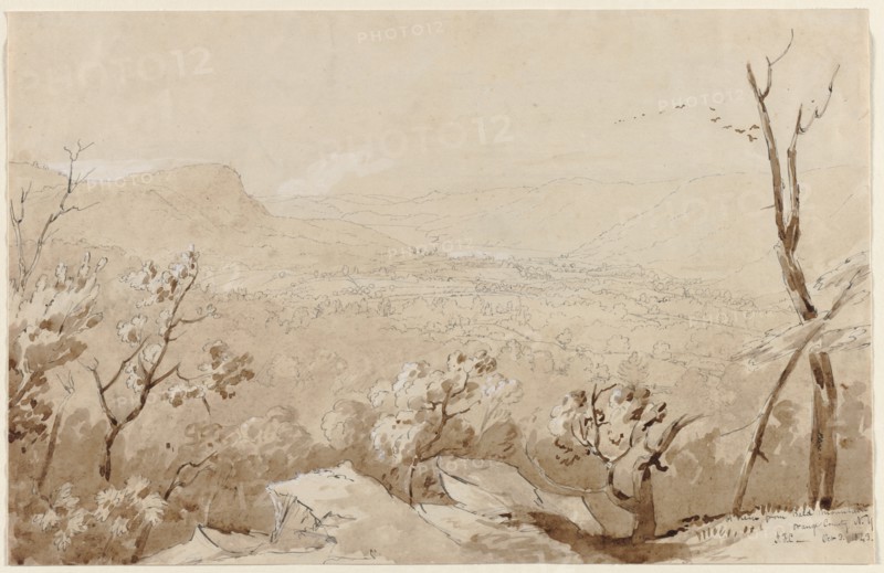 A View from Bald Mountain, Orange County, N. Y., 1843. Jasper F. Cropsey (American, 1823-1900). Pen and black ink, and brown wash heightened with white, over traces of graphite; sheet: 24.2 x 37.8 cm (9 1/2 x 14 7/8 in.).