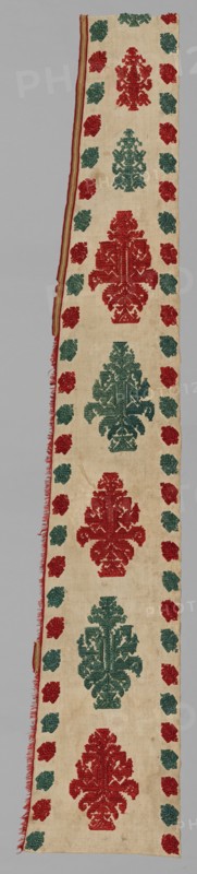 Portion of a Bed Tent, 1700s. Greece, Dodecanese Islands, Rhodes, 18th century. Embroidery: silk on linen tabby ground; overall: 212.4 x 38.8 cm (83 5/8 x 15 1/4 in.)