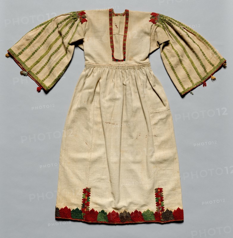 Woman's Dress, 1700s. Greece, Dodecanese Islands, Tilos ?, 18th century. Embroidery; silk and gold filé on cotton tabby; overall: 117 x 133 cm (46 1/16 x 52 3/8 in.)